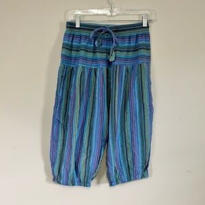 MANDALA TIBETAN STORE Women’s Blue Stripe Woven Cotton Drop Crotch Pants Sz S/M
